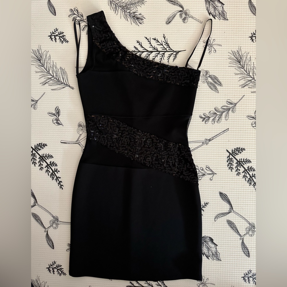 Black body on dress by Deb. Size small. One shoulder, mesh and sequins.